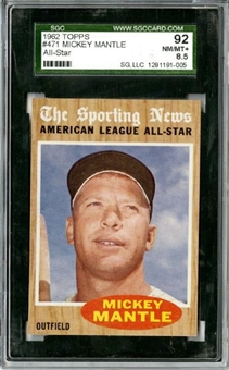 1962 Topps # 471 Mickey Mantle All Star SGC 92 (NM/MT+) 8.5